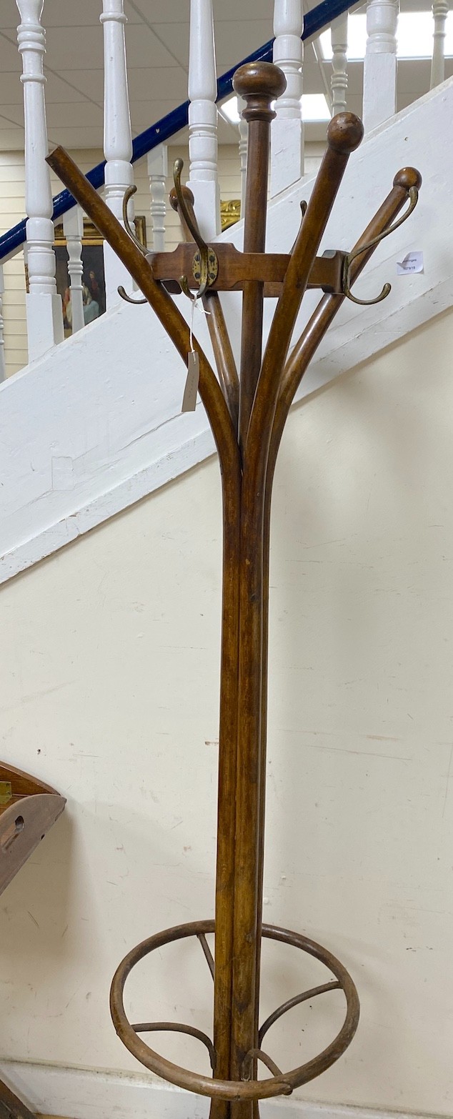 An early 20th century bentwood hat, coat and stick stand, height 184cm